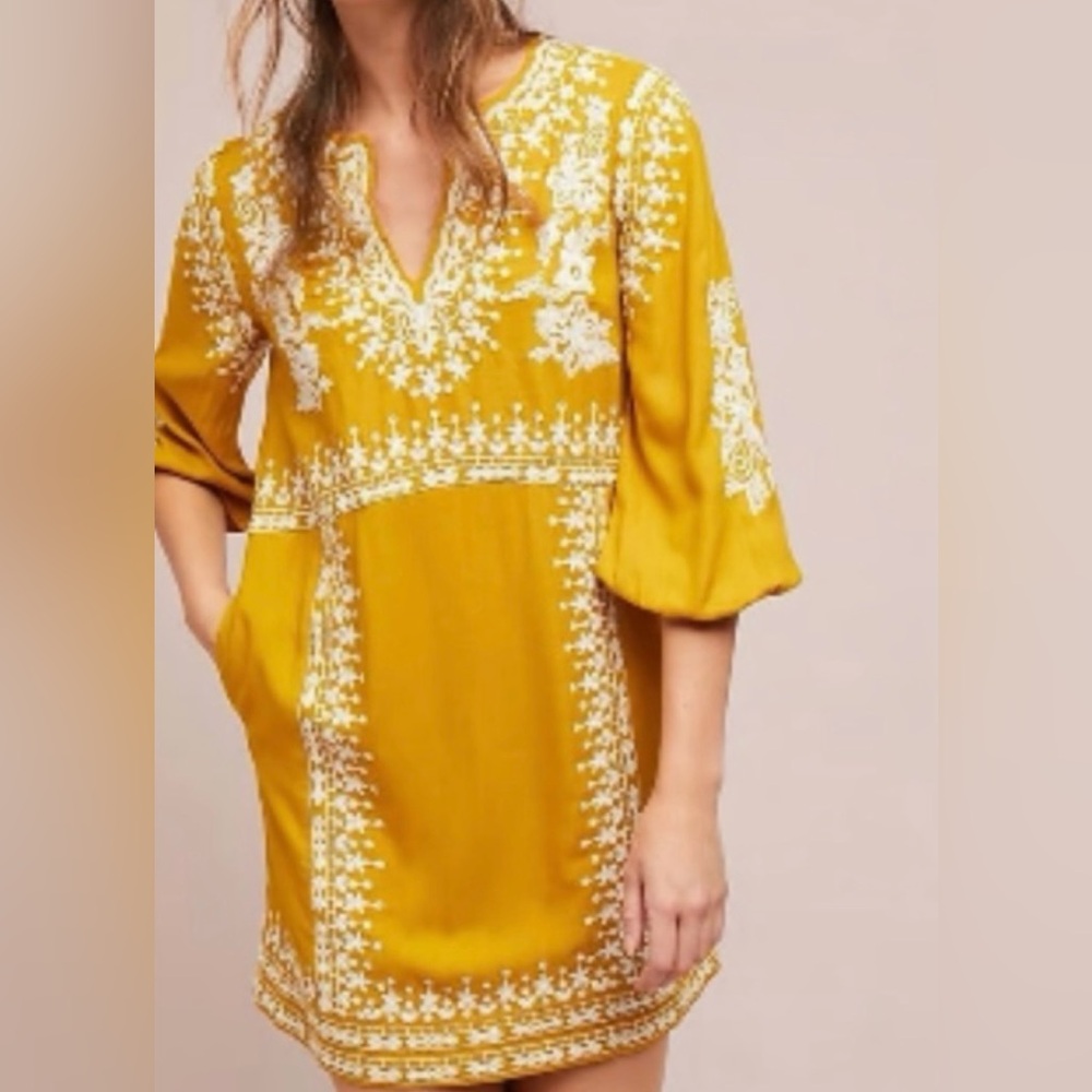 Akemi + Kin Anthropologie Shiloh Tunic Dress  12 Yellow Floral Embroidered Boho